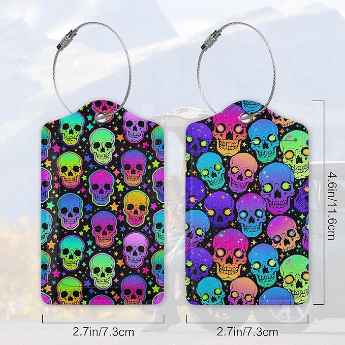 Neon Bright Human Skulls 2 PCS Luggage Tags, Privacy Cover ID Label with Stainless Steel Loop and Address Card for Travel Bag Suitcase