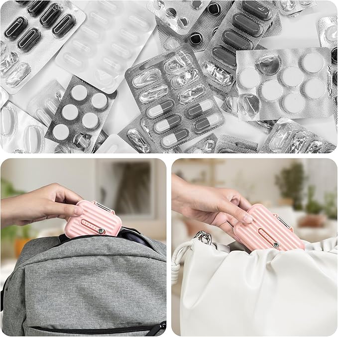 Travel Pill Organizer Box with Medicine Labels, 2Pack 7 Compartments Portable Pill Case, Daily Medication Organizer Storage Pill Container for Pocket Pharmacy(Pink S+L 2Pack)
