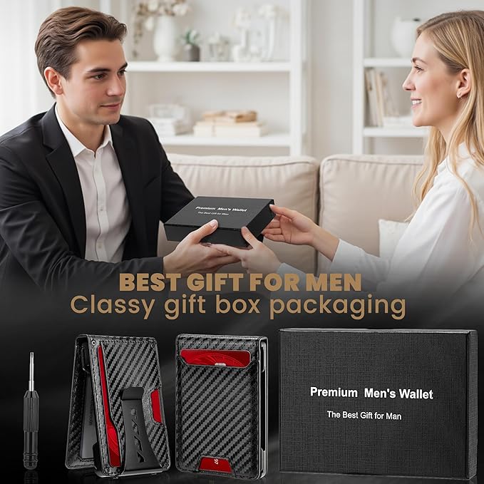 Wallet for Men Newly Upgraded Magnetic Minimalist Slim Men’s Wallet, RFID Blocking Mens Wallet with Money Clip & ID Window, Metal Compact Wallet with Nice Gift Box (Carbon Fiber)