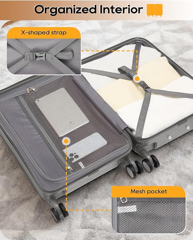 Joyway Carry on Luggage Airline Approved with Front Pocket, Hard Shell 20 Inch Travel Luggages with Cup Holder, Carry-on Suitcase with Spinner Wheels for Men and Women (Grey, 20 Inch)