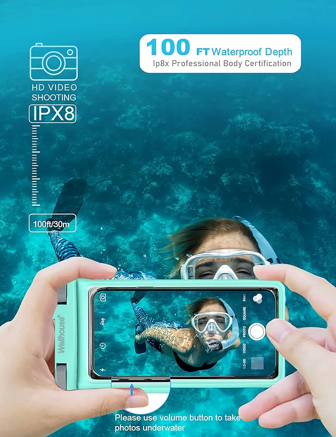 wellhouse Waterproof Phone Pouch, Waterproof Phone Case for iPhone 16 15 14 13 12 Pro Max XS Samsung, IPX8 3D Cellphone Dry Bag Beach Essentials (1 Pack - Crystal Green7.0, 7 inch)
