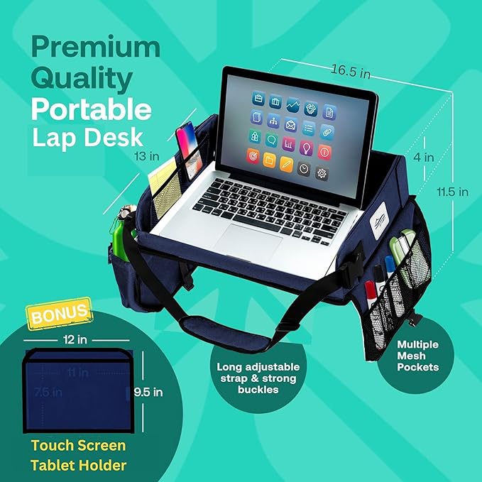 Travel Lap Desk, Travel Tray, Portable Lapdesk for Car, Remote Work, Road Trips, School, Laptop Pad with Storage Pocket, Tablet Holder, Shoulder Strap, Fits up to 15.6-Inch Laptop (Navy)
