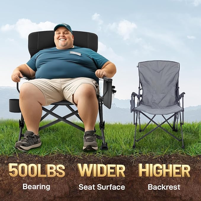 EVER ADVANCED Oversized Folding Camping Chair for Adults with Adjustable Lumbar Support, Heavy Duty Chair with Side Pockets, Portable Collapsible Quad Chair for Outside