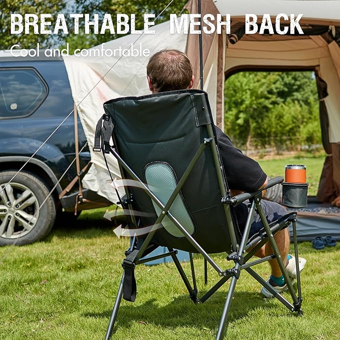 PORTAL Oversized Folding Camping Chair High Back Portable Lawn Chairs for Adults Outdoor Sports with Hard Armrest Cup Holder，Supports 400LBS Black