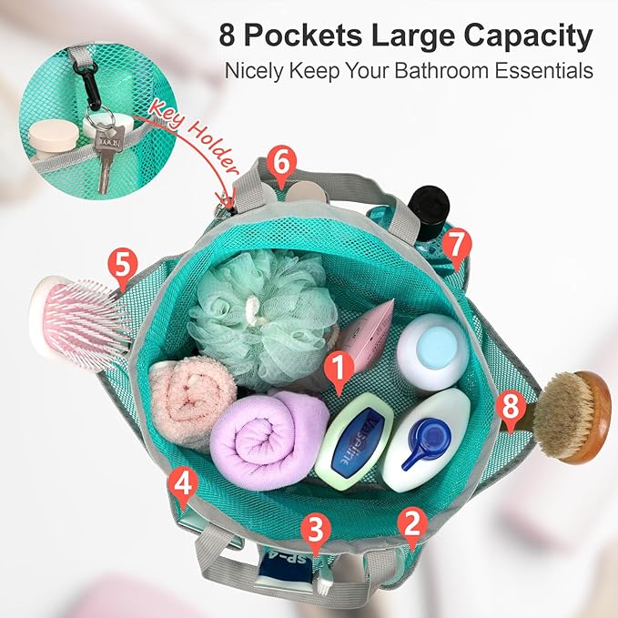 F-color Mesh Shower Caddy Portable with Drawstring - Upgrade Deeper 7 Pockets Dorm Room Essentials for Guys Girls with S Hook, Shower Bag Basket Tote for College Camping Toiletry Bathroom, Mint Green