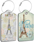 2 Pack Funny Luggage Tags with for Suitcases, Vintage Eiffel Towe Paris PU Leather Luggage Tag Accessories Privacy Cover ID Label with Stainless Steel Loop for Travel Bag for Women Girls Teens