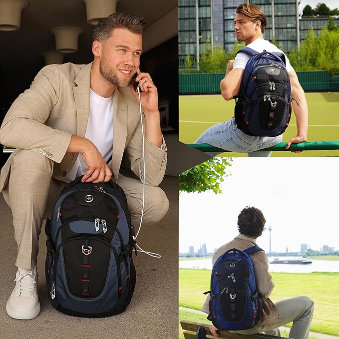 Swissdigital Design Laptop Backpack with USB Charging Port, TSA Travel Backpack Fits 15.6 inches Computer, 31L College School Backpack for Men, Blue/Black | SD803