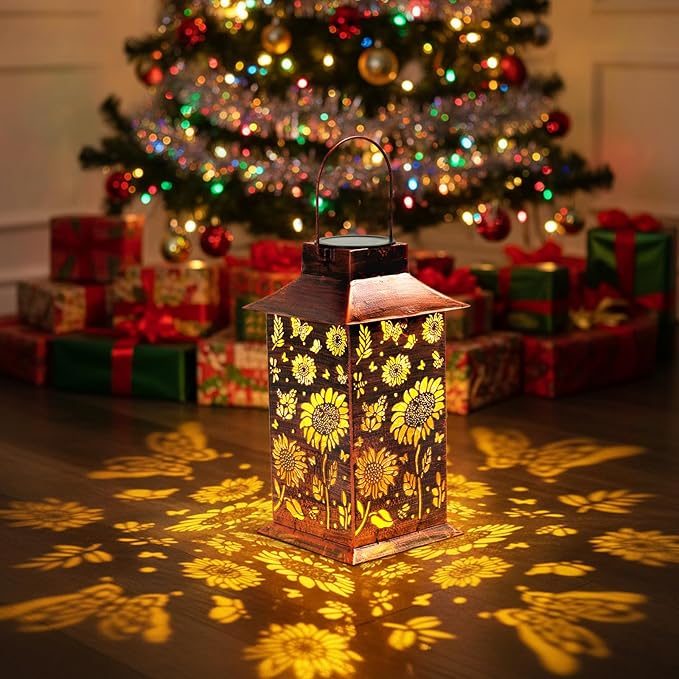 Homemory Sunflower Solar Lanterns Waterproof, Metal Hanging Hollowed-Out Metal Decor Lantern, LED Outdoor Decoration for Outside LED Lanternse for Yard, Backyard, Porch, Lawn