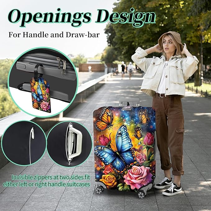 Luggage Cover Suitcase Protector + Tag, Colorful Rose Butterfly Travel Cover for 29-30 inch Luggage (XL) with Concealed Zipper, Washable Elastic Cloth, Dustproof, Anti-Scratch