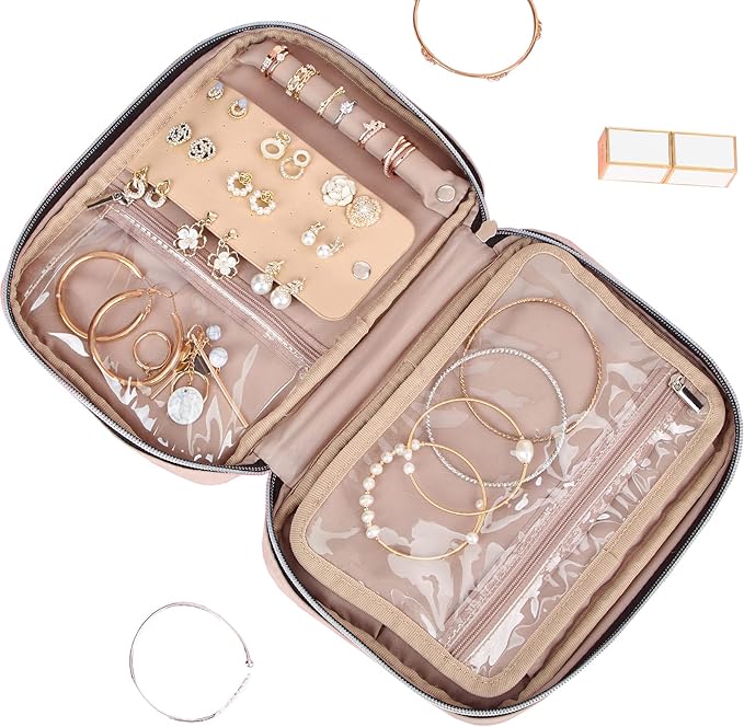 BELALIFE Travel Jewelry Organizer, Portable Storage Case for Earrings, Rings, Necklaces, Bracelets, Pink