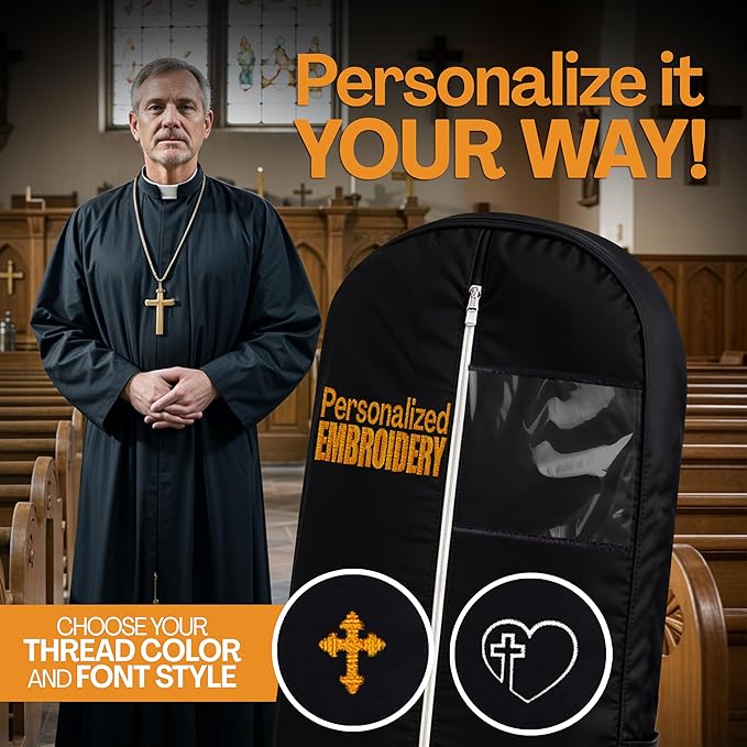 Personalized Garment bag for Hanging Clothes - Embroidered Name Garment Holder With 2 Mesh Pockets for Priest and Nun Robes - Ideal for Clergy Outfits, Uniform Cover Bag with Carry Handle - Black