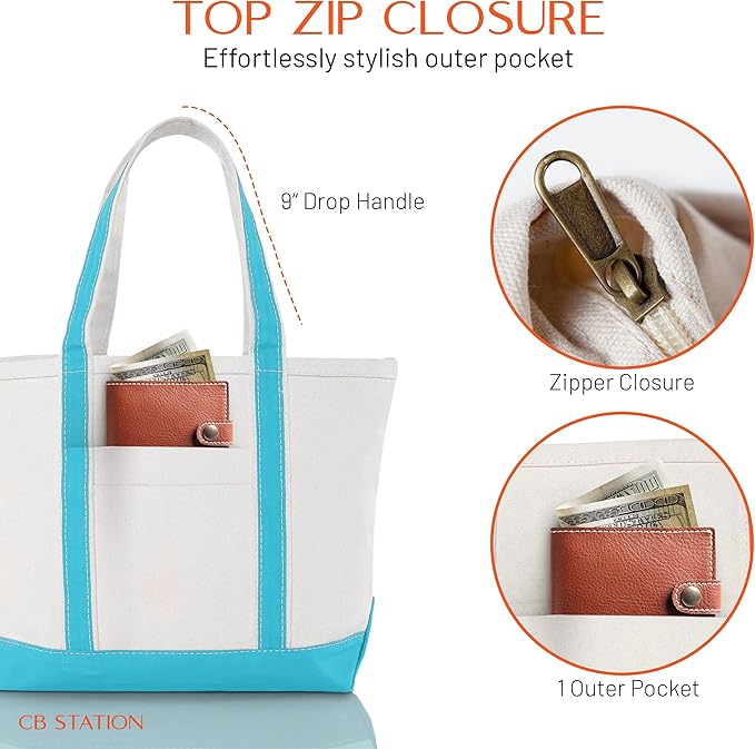 CB STATION Medium Classic Canvas Tote Bag for Women, Top Zipper Closure, Outer Pocket, Daily Essentials, Groceries, Traveling