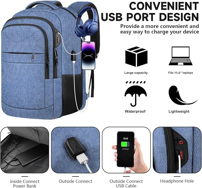 Lapsouno Travel Laptop Backpack, Travel Backpack, TSA Laptop Backpack, 15.6 inch Bag with USB Port, TSA Friendly Water Resistant College School Business Computer Bag Backpack Men Women, Blue