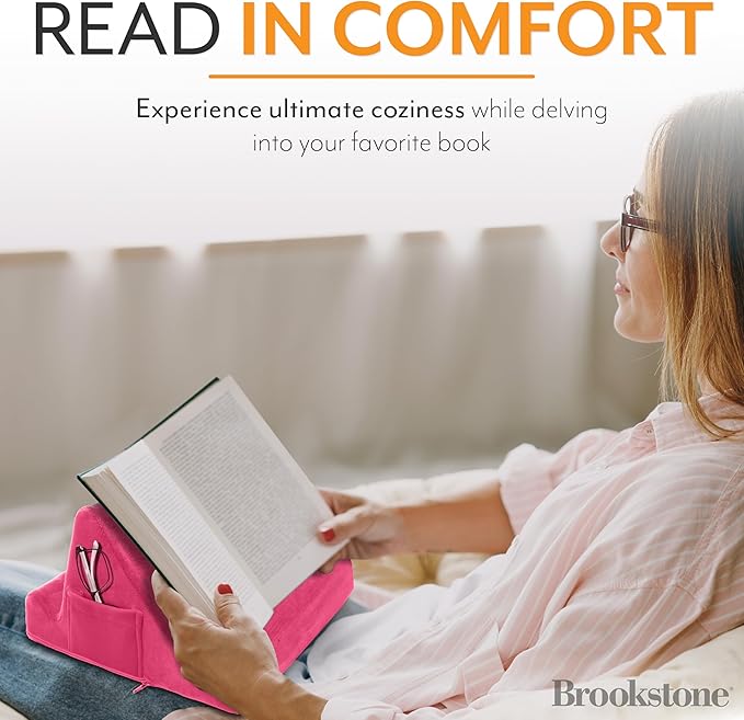 Brookstone, Memory Foam Lap Desk Tablet Holder, Holds Phones, iPads, E-Book Readers, 2 Viewing Angles, 2 Side Pockets for Accessories, Book Holder Cushion, Perfect Home, Car Travel, Flights, Pink