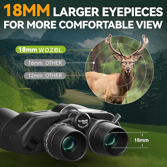 12-36X50 High Powered Zoom Binoculars for Adults - Wozel HD Professional Binoculars with Large Vision - Waterproof Binocular with Low Light for Bird Watching Travel Hunting Sports Cruise Outdoor