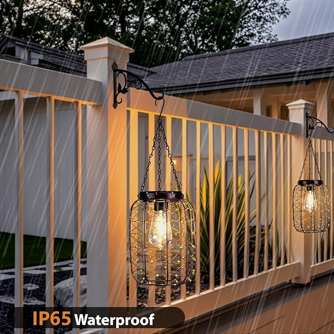 Hanging Solar Lanterns Outdoor Waterproof, Vintage Copper Hanging Lantern Lights for Outside, Solar Chandelier Outdoor Idea for Yard Garden Pathway Gazebo Pergola Porch Decor, 2 Pack