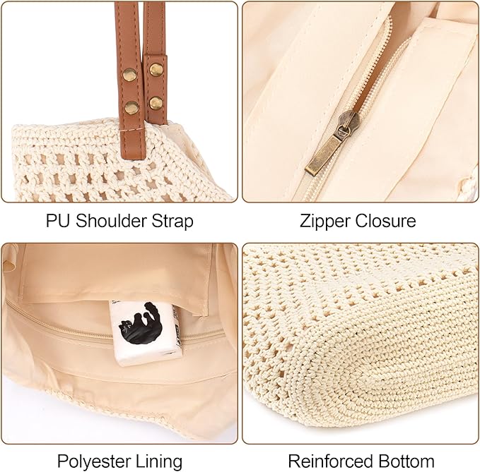 Peicees Crochet Beach Bag For Women Summer Tote Bag Boho Shoulder Bag With Leak-Proof Lining for Vacation Travel Woven Purse