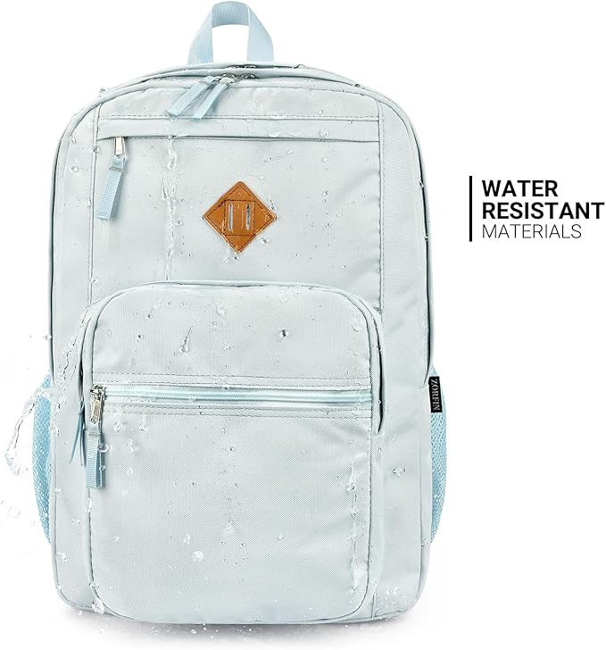ZORFIN 26L Backpack for College, and Travel: Water Resistant Bookbag - Light Gray Blue