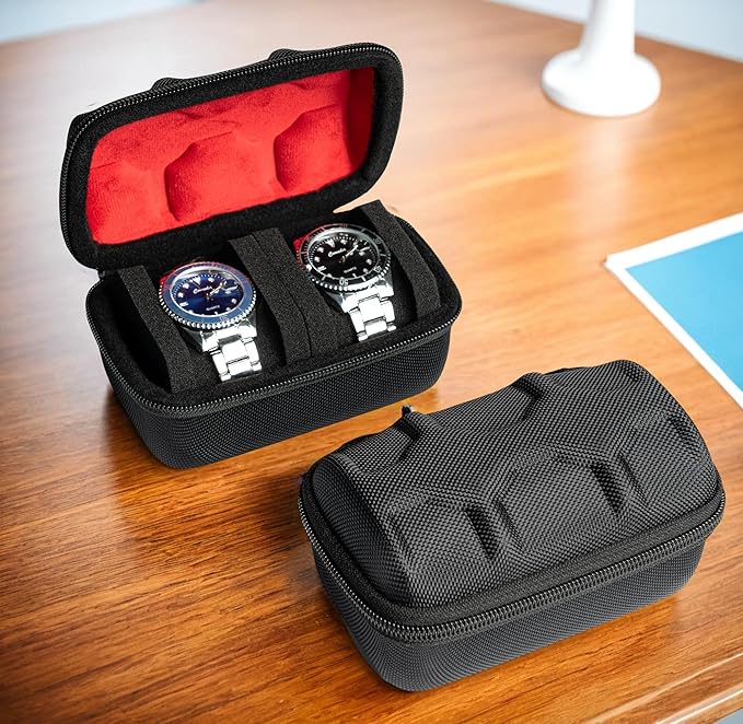 Hard Compact Watch Roll travel case, 2 Slots Portable holder and Organizer with Soft Pillow, keep watch from moving Deluxe red Lining (fit up to 55 mm)