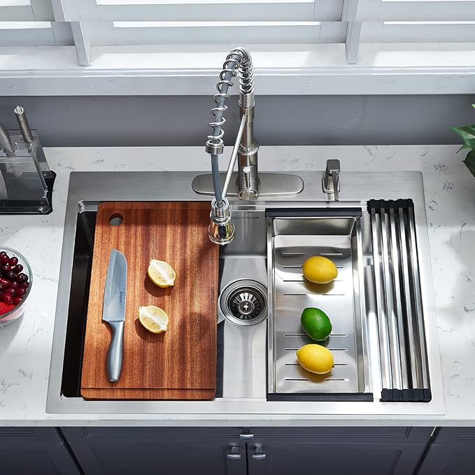 Kitchen Sink, 33 x 22 Drop in Kitchen Sink 16 Gauge Stainless Steel Kitchen Sinks Single Bowl Workstation Sink with Cutting Board