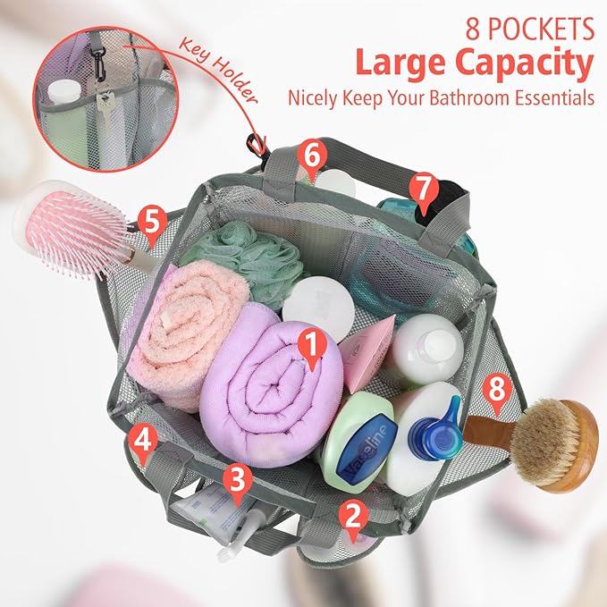 F-color Mesh Shower Caddy Portable, Upgrade Deeper 7 Pockets Shower Bag Basket Tote for College Dorm Room Toiletry Bathroom Essentials Gym Camp Quick Dry 2 handles with S Hook, Grey