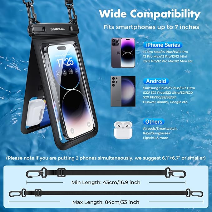 UNBREAKcable IPX8 Waterproof Phone Pouch 2-Pack, Double Space Waterproof Phone Case for iPhone 15 16 Pro Max up to 7", Cellphone Dry Bag with Lanyard for Vacation Beach Kayak Cruise Travel Essentials