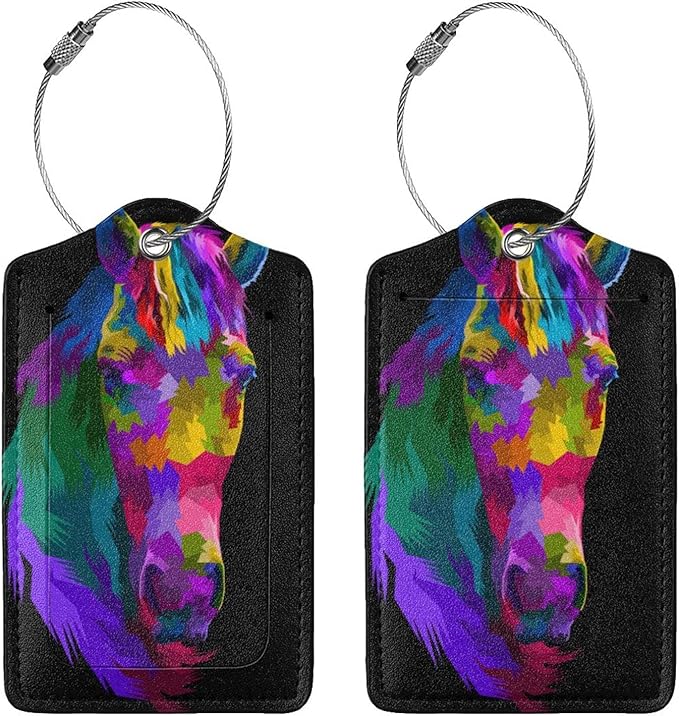 Colorful Rainbow Horse Luggage Tag with Full Back Privacy Name ID Card Suitcase Labels Identifiers PU Leather Baggage Tags Luggage for Women Men Kids Girls Travel