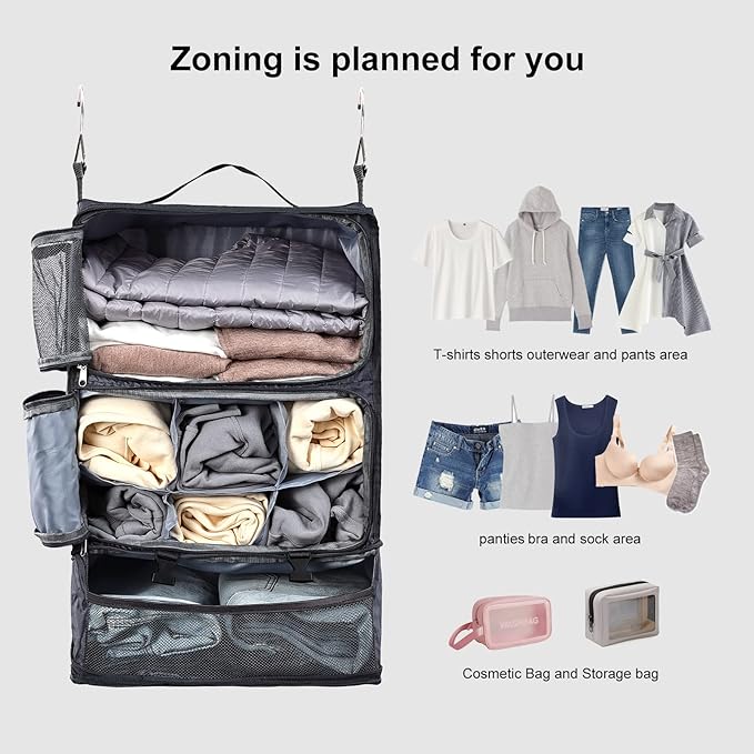 TABITORA Travel Portable Hanging Shelves Closet Organizer Packing Luggage Storage with Multifunctional and Foldable Invisible Compartment,Lightweight, for Suitcase, RV,Closet…Grey,XL