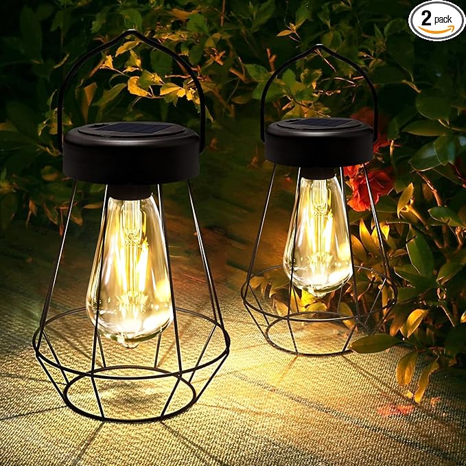 Solar Lanterns Outdoor Lights,Metal Hanging Solar Lights Outdoor Waterproof,Auto On/Off with Edison Bulb Retro Light for Yard Garden Patio Backyard Pathway Decor 2 Pack