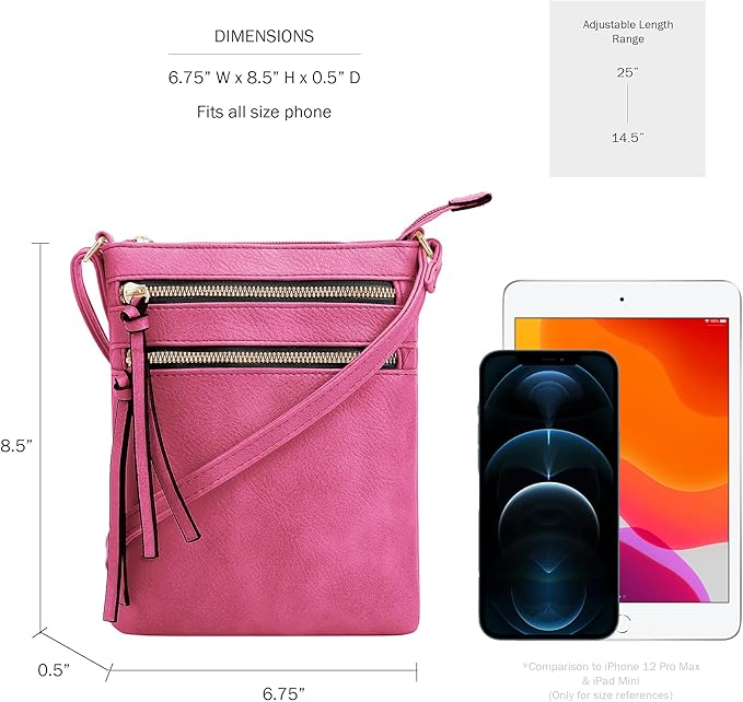 DELUXITY | Crossbody Purse Bag | Functional Multi Pocket Double Zipper Purse | Adjustable Strap | Medium Size Purse |Fuchsia