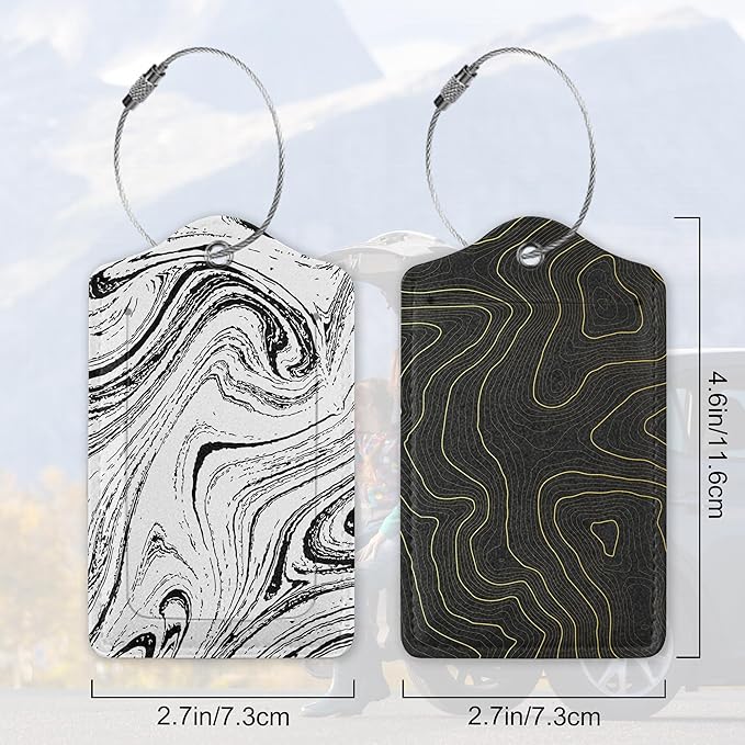 Set of 2 Topographic, Gold Contour Map Luggage Tags for Suitcases, Leather Suitcase Tag Name Identifiers Labels for Travel Bag Baggage Backpack