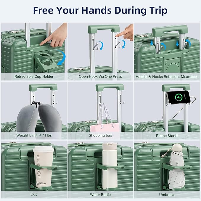 Hard Shell Suitcases Expandable Travel Luggage Sets 2 Piece, Carry on and Check in Luggage Lightweight Suitcase Set 2 Piece with Wheels Cup Holder Charger Built in (Forest Green, 20/28)