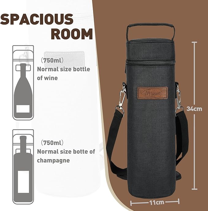 Tirrinia Single Bottle Wine Gift Carrier Bag, Insulated Travel Wine Cooler Tote with Shoulder Strap for Picnic, Party, BYOB Restaurant, Portable One Bottle Wine Chiller Container, Gift for Wine Lovers