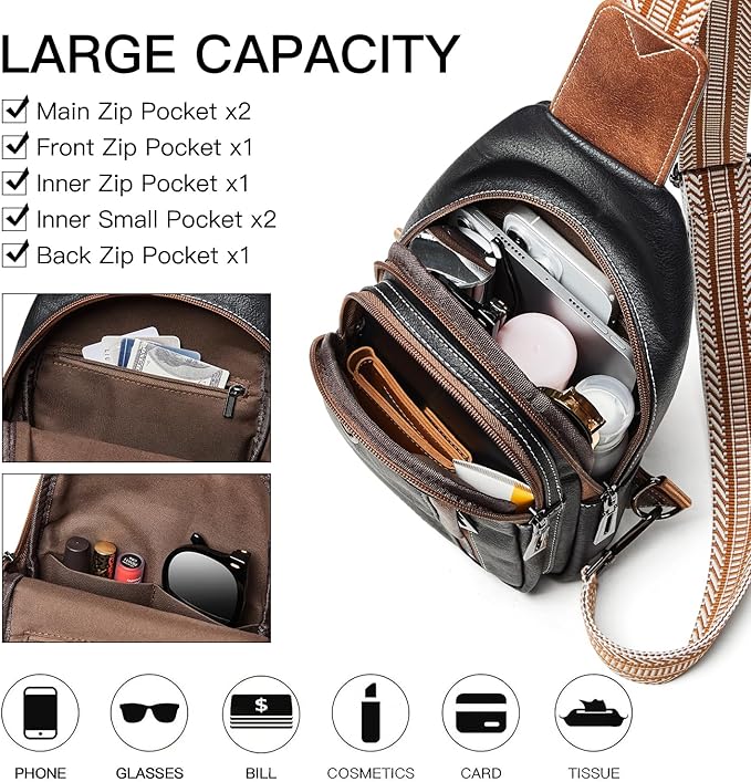 7L Sling Bag for Women Men Leather Small Sling Backpack Daypack Anti Theft Fanny Pack Crossbody Purse Travel