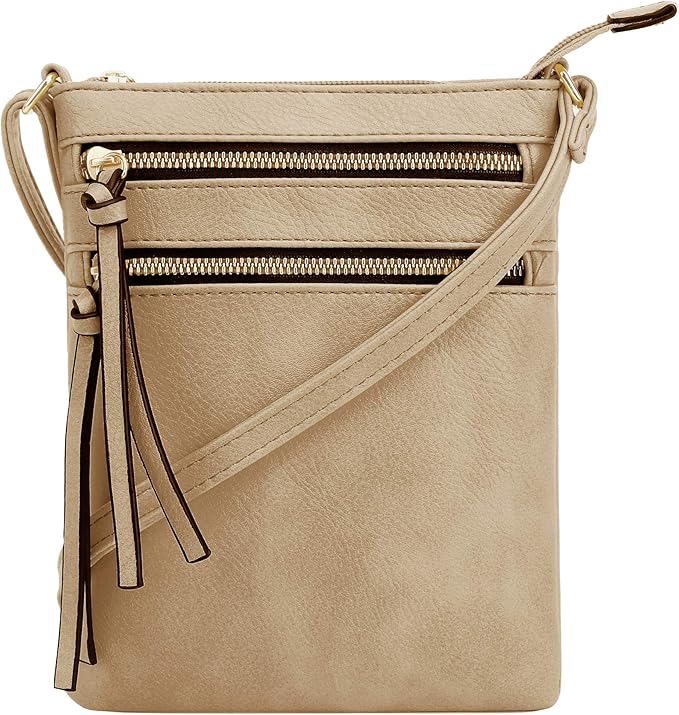 DELUXITY | Crossbody Purse Bag | Functional Multi Pocket Double Zipper Purse | Adjustable Strap | Medium Size Purse | Camel