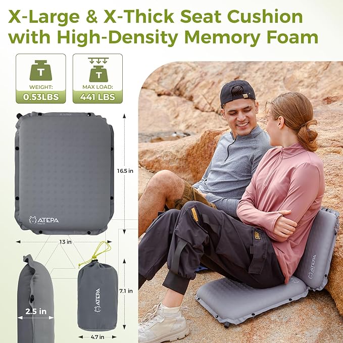 ATEPA Inflatable Stadium Seat Cushion, Self-Inflating Memory Foam Stadium Seats Bleacher Seat Chair Cushion Pad for Airplane Travel Backpacking Sports Events