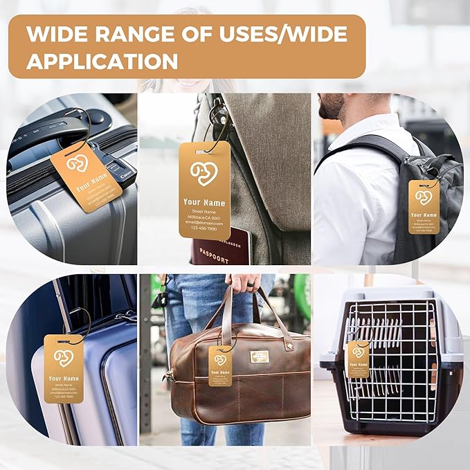 Personalized Luggage Tags, Custom Luggage Tags 4 Pack TSA Approved Double Sided Laser Engraving, Metal Luggage Tag for Suitcases with Stainless Loops, Name Tag for Bags, Backpacks (Gold)