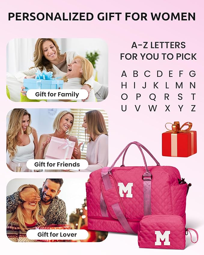 Gifts for Teen Girls 12-14-Initial Travel Bag with Shoe Compartment, Personalized Weekender Bag, Monogram Overnight Bag for Women, Letter Travel Bag with Makeup Bag (Letter D)