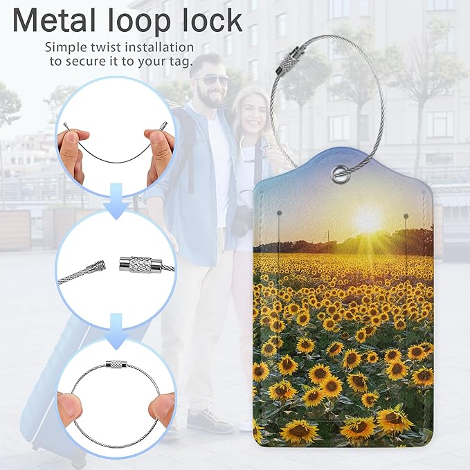 Luggage Tags for Suitcase,Field Sunflowers Sunset Luggage Tags of Set 2 Leather Identifiers Privacy Cover with Stainless Steel Loop for Women Men Travel Bag Suitcase