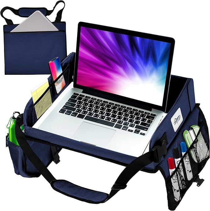 Travel Lap Desk, Travel Tray, Portable Lapdesk for Car, Remote Work, Road Trips, School, Laptop Pad with Storage Pocket, Tablet Holder, Shoulder Strap, Fits up to 15.6-Inch Laptop (Navy)