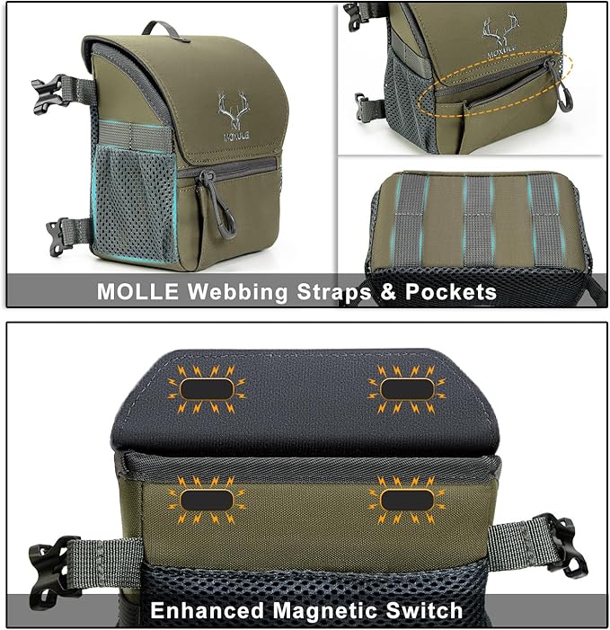 Binocular Harness Chest Pack: Bino Case with Magnetic Lid and Rain Cover for Hunting(Green)