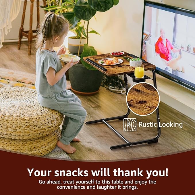 TV Trays Set of 2 - Folding TV Tray Adjustable Dinner Trays for Eating On Couch Wooden Tables Mate Stand Foldable Rustic Desk with Cup Holder Portable