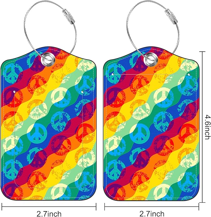 Set of 2 Luggage Tags for Suitcase Vintage Peace Signs Leather Baggage Tags Set with Stainless Steel Loop Name Address Labels Privacy Cover for Men Women Travel Bag Suitcase, 4.6 x 2.7 inch