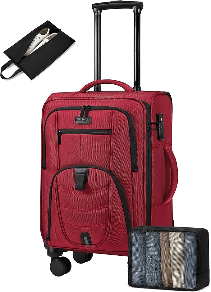 LOVEVOOK Carry On Luggage Airline Approved, Suitcases with Spinner Wheels, Softside Carry-on Luggage with TSA Lock for Women Business Trip, Lightweight Large Capacity Luggage for Travel, Burgundy Red