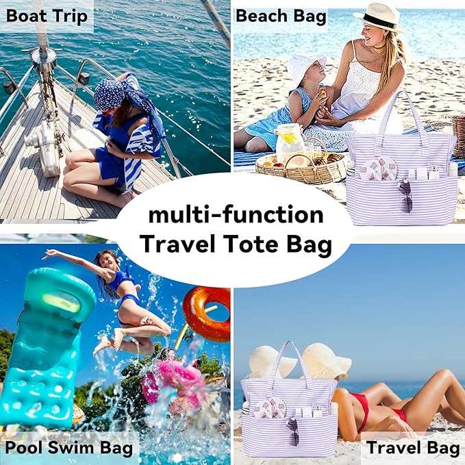 LEDAOU Beach Bag Waterproof Sandproof Women Tote Bag Pool Bag with Zipper for Gym Grocery Travel with Wet Pocket