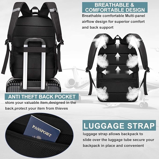 Backpack, Laptop Backpack, Carry on Backpack, Durable TSA Friendly Business Travel 17.3 Inch Laptop Backpack with USB Port, College School Bag Gift for Men Women Teens Bookbag, Black