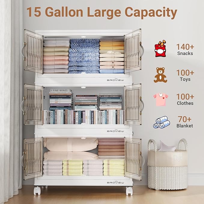 BROVIEW 180Qt Stackable Storage Bins with Lid, Extra Large Closet Organizer Collapsible Drawer Boxes with Wheels, Folding Plastic Cabinet Containers for Home Kitchen Room Organization, 3Pack White