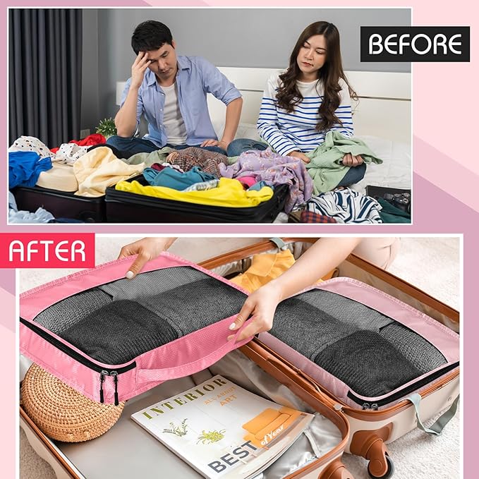 5 Pcs Packing Cubes for Suitcase Large Travel Cubes Carry on Luggage Organizer Bags for Clothes Accessories(S,Pink)