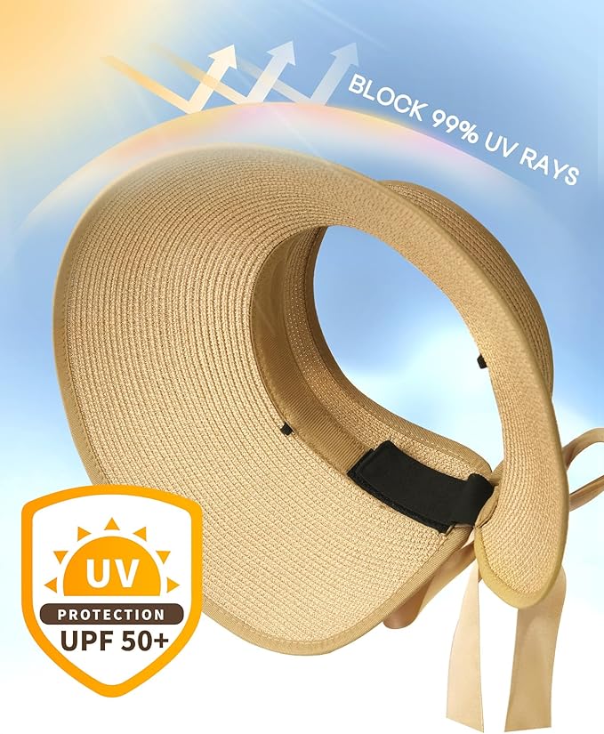 Camptrace Sun Visors for Women Wide Brim Beach Hat Foldable Straw Visor Hat Ponytail Summer Packable UPF 50+