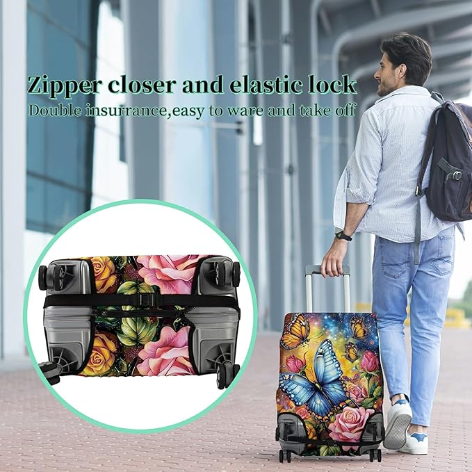 Luggage Cover Suitcase Protector + Tag, Colorful Rose Butterfly Travel Cover for 29-30 inch Luggage (XL) with Concealed Zipper, Washable Elastic Cloth, Dustproof, Anti-Scratch